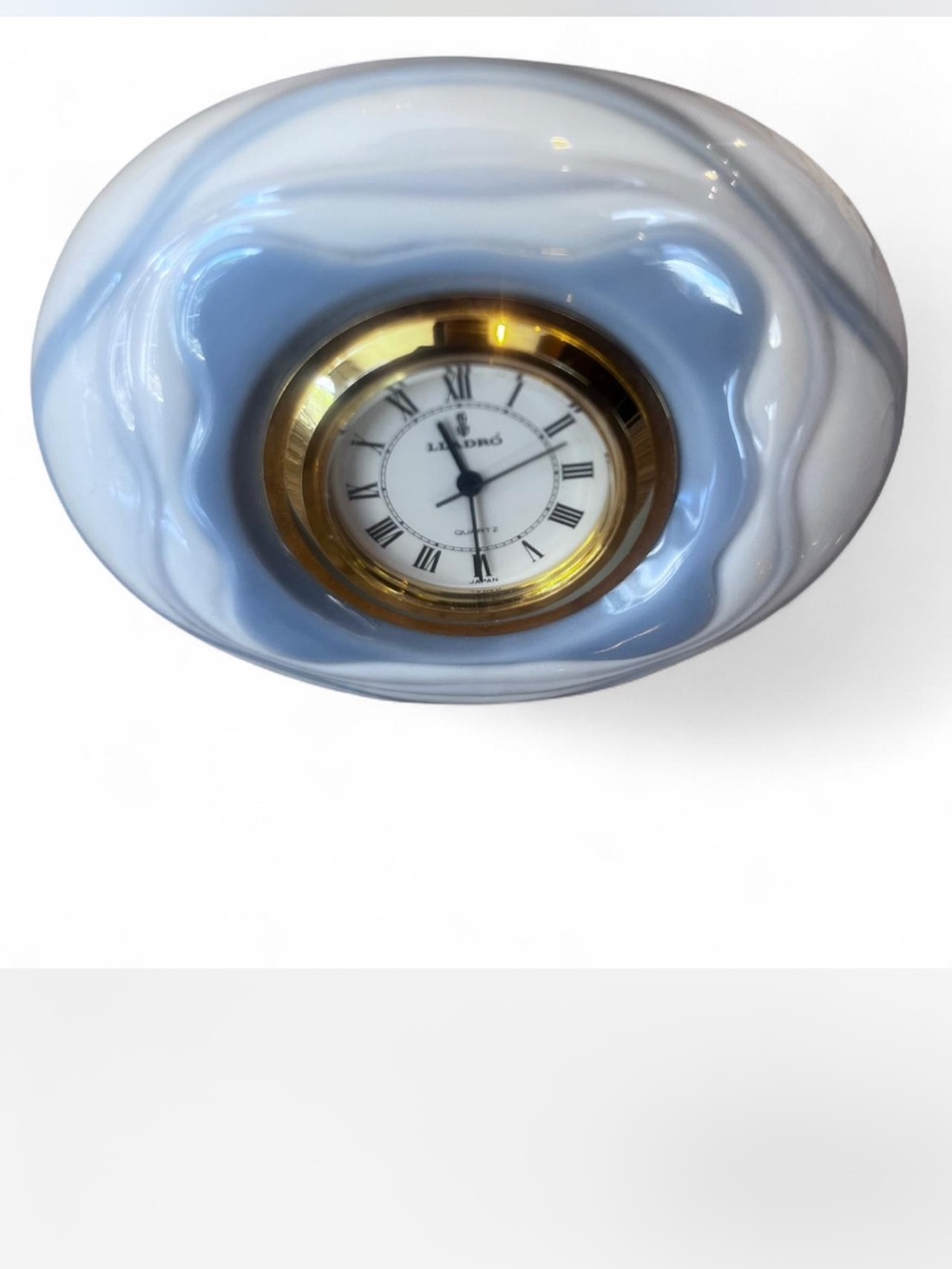Vintage Lladro Light Blue and White Marbled Desk Clock with Gold Bezel